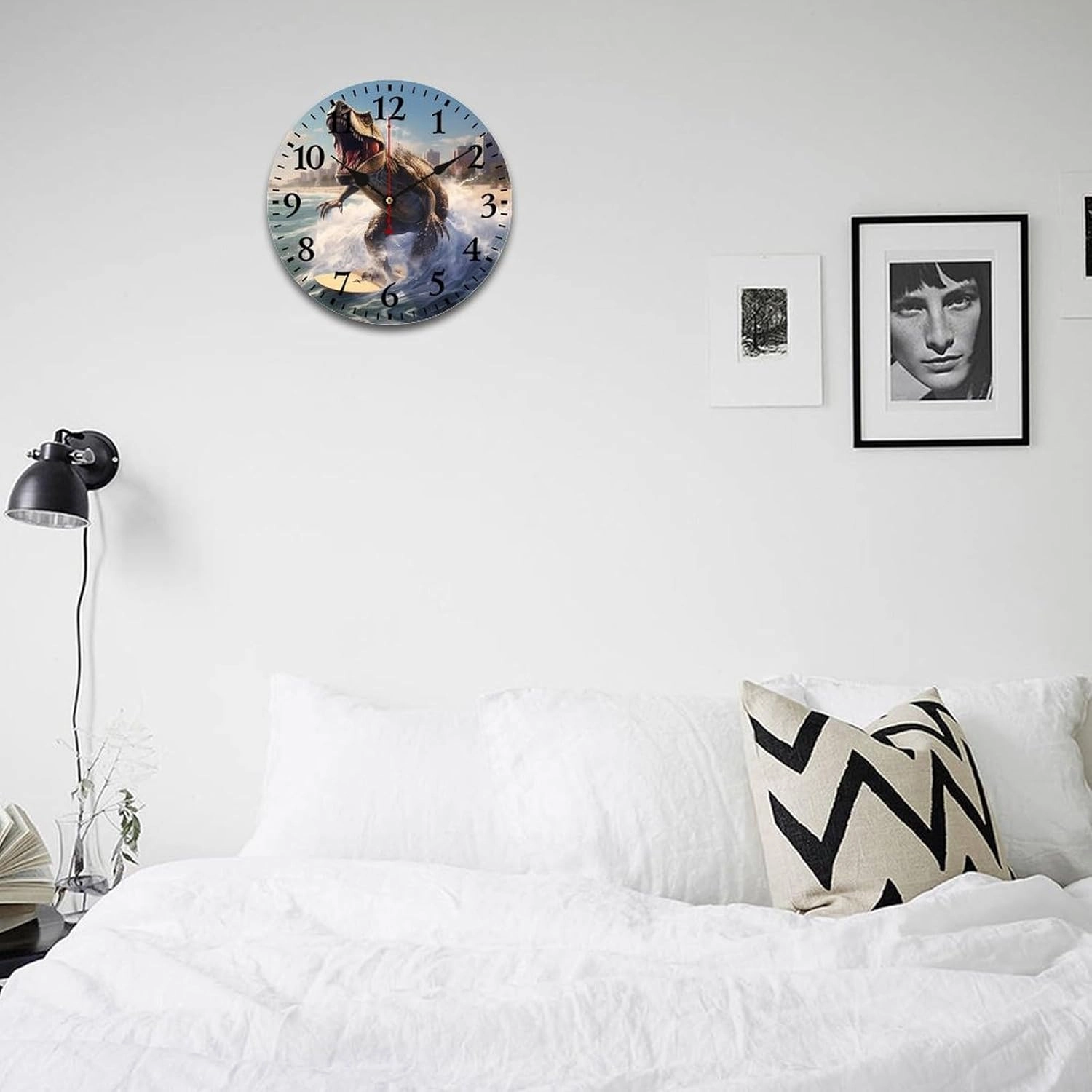 Dinosaur Rocking on The Surf Wall Clock Silent Non-Ticking Battery Operated Wooden Clock Decoration for Home Office Living Room