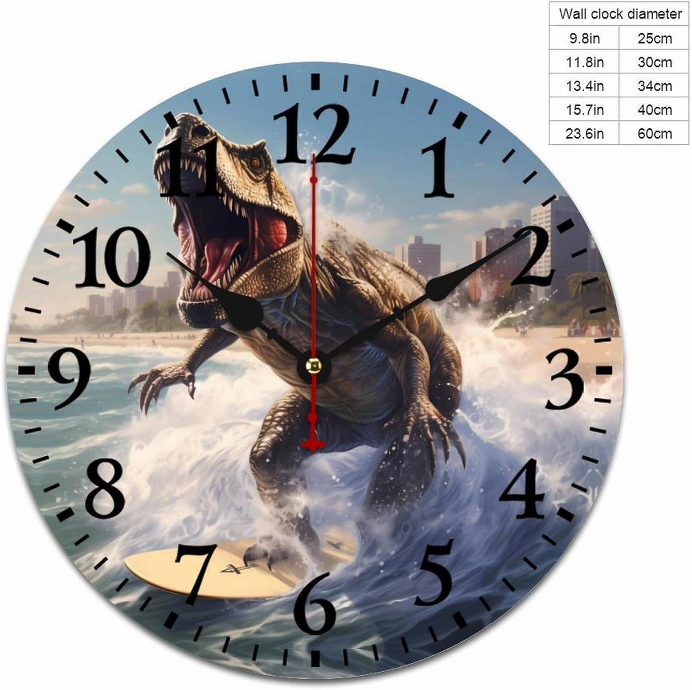 Dinosaur Rocking on The Surf Wall Clock Silent Non-Ticking Battery Operated Wooden Clock Decoration for Home Office Living Room