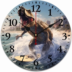 Dinosaur Rocking on The Surf Wall Clock Silent Non-Ticking Battery Operated Wooden Clock Decoration for Home Office Living Room