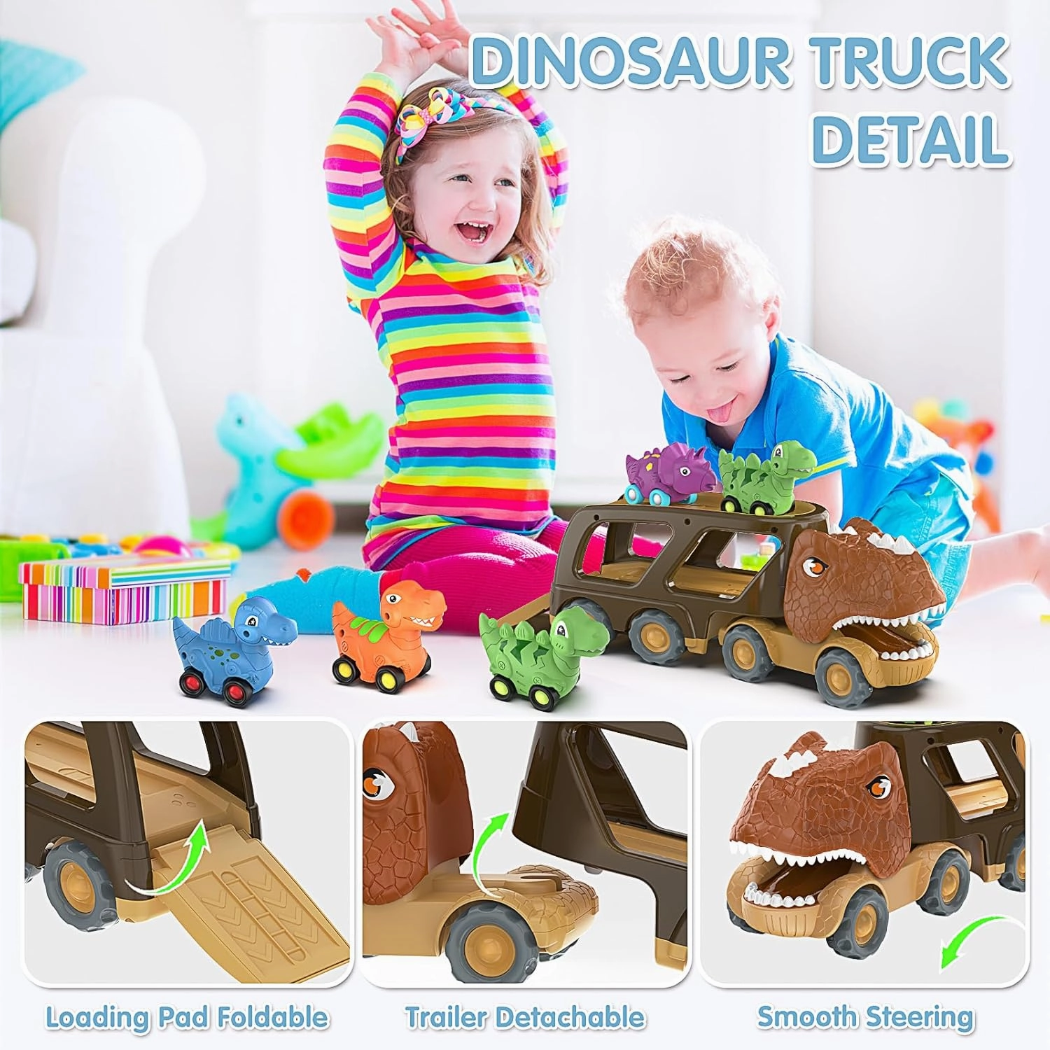 Dinosaur Toys for Kids 2-4 Boys,Dinosaur Car Carrier Truck Toy with 4 Pull Back Dino Car，Dinosaur Truck for 2 3 4 5 Year Old Boy Toys,2 3 4 5 Year Old Boy Birthday Gift with Dino Sound.