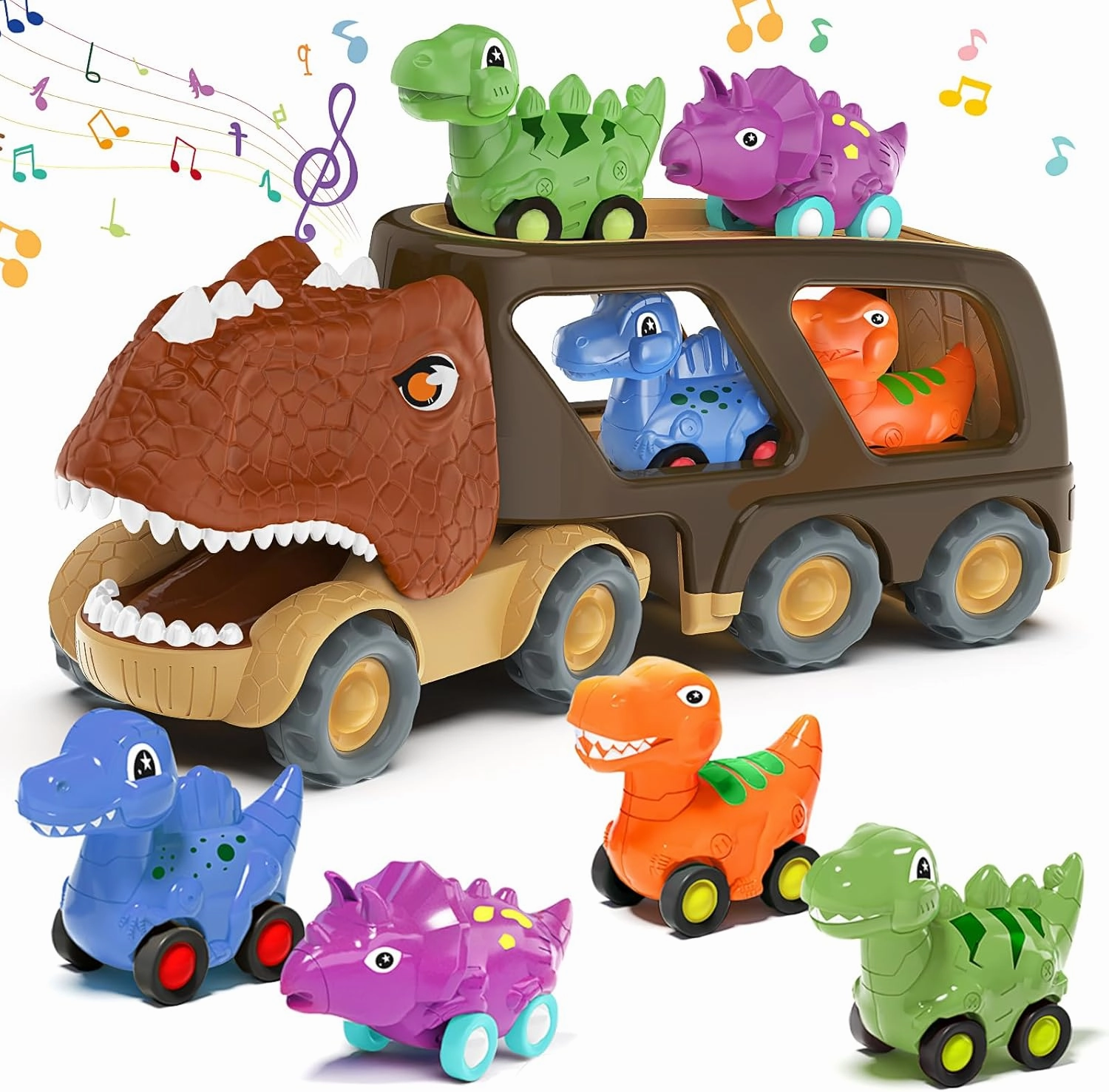 Dinosaur Toys for Kids 2-4 Boys,Dinosaur Car Carrier Truck Toy with 4 Pull Back Dino Car，Dinosaur Truck for 2 3 4 5 Year Old Boy Toys,2 3 4 5 Year Old Boy Birthday Gift with Dino Sound.