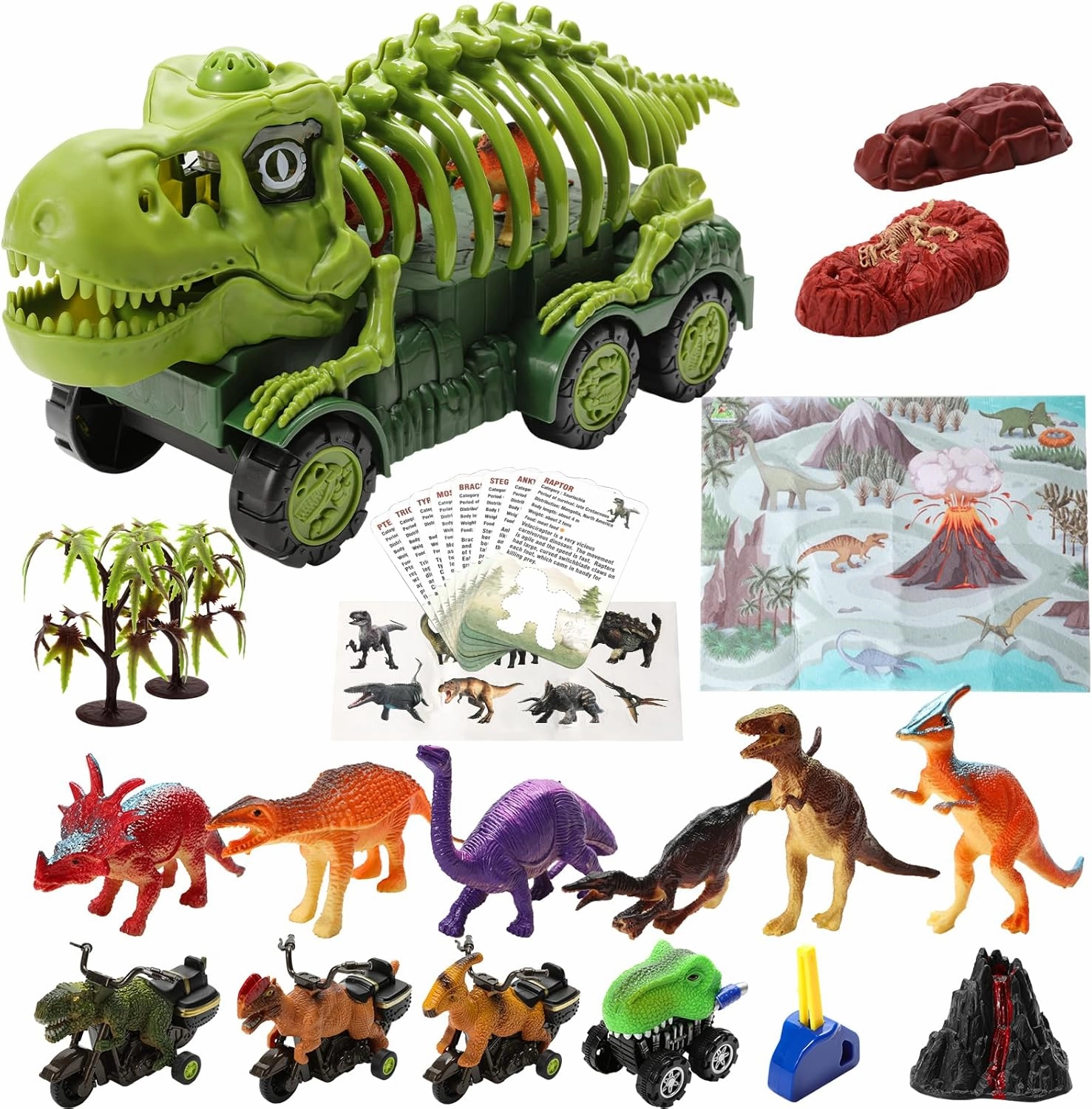 Dinosaur Toys for Kids 3-5 Years,Tyrannosaurus Dinosaur Truck Toys with Jurassic World Activity Play Mat,4 Motorcycle Riding Dinosaurs，8 Dinosaur Cards，6 Dino Figures Set for Boys Girls