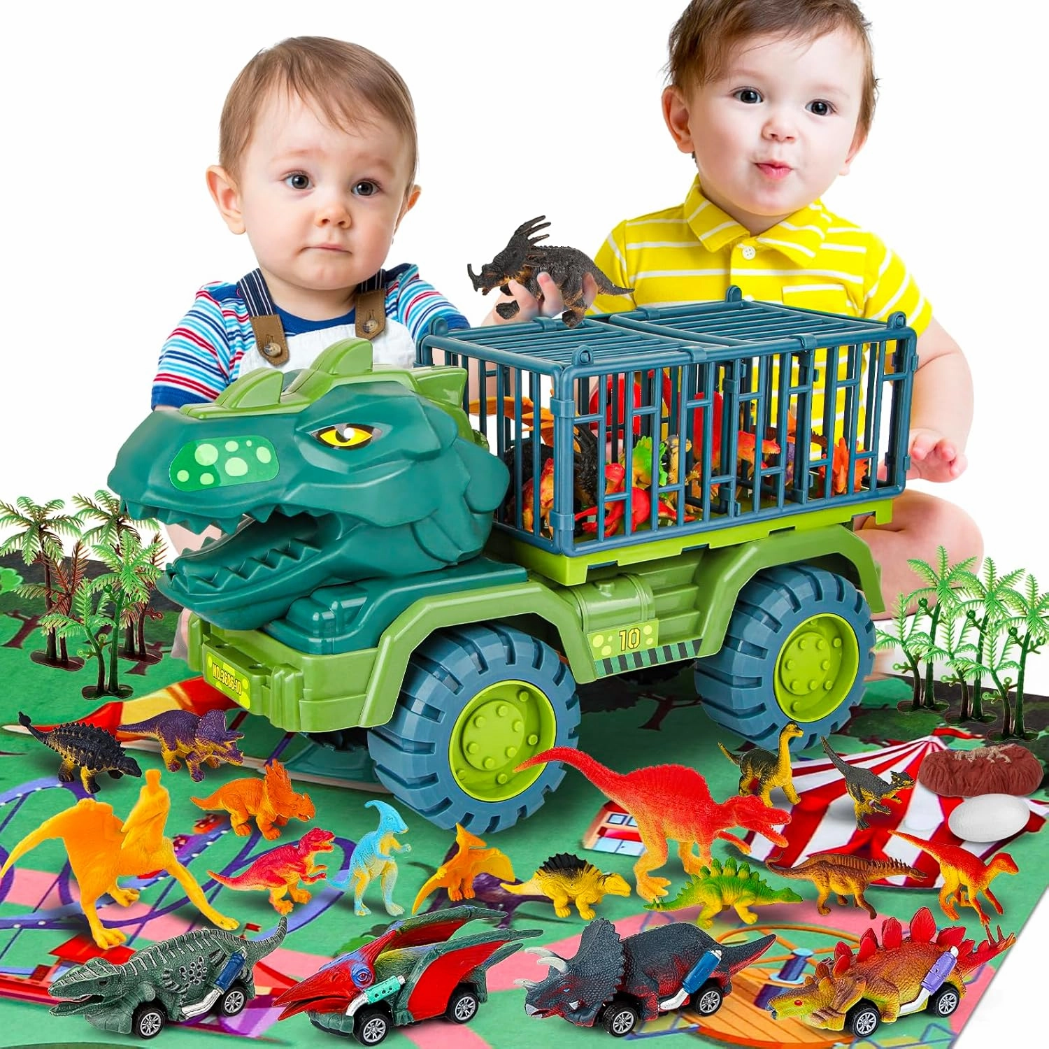 Dinosaur Toys for Kids, Dinosaurs Truck Toy, Dino Car Playset – Gifts for Boys and Girls with 15 Dino Figures, 4 Dinosaurs Cars, Activity Play Mat, Dinosaur Eggs