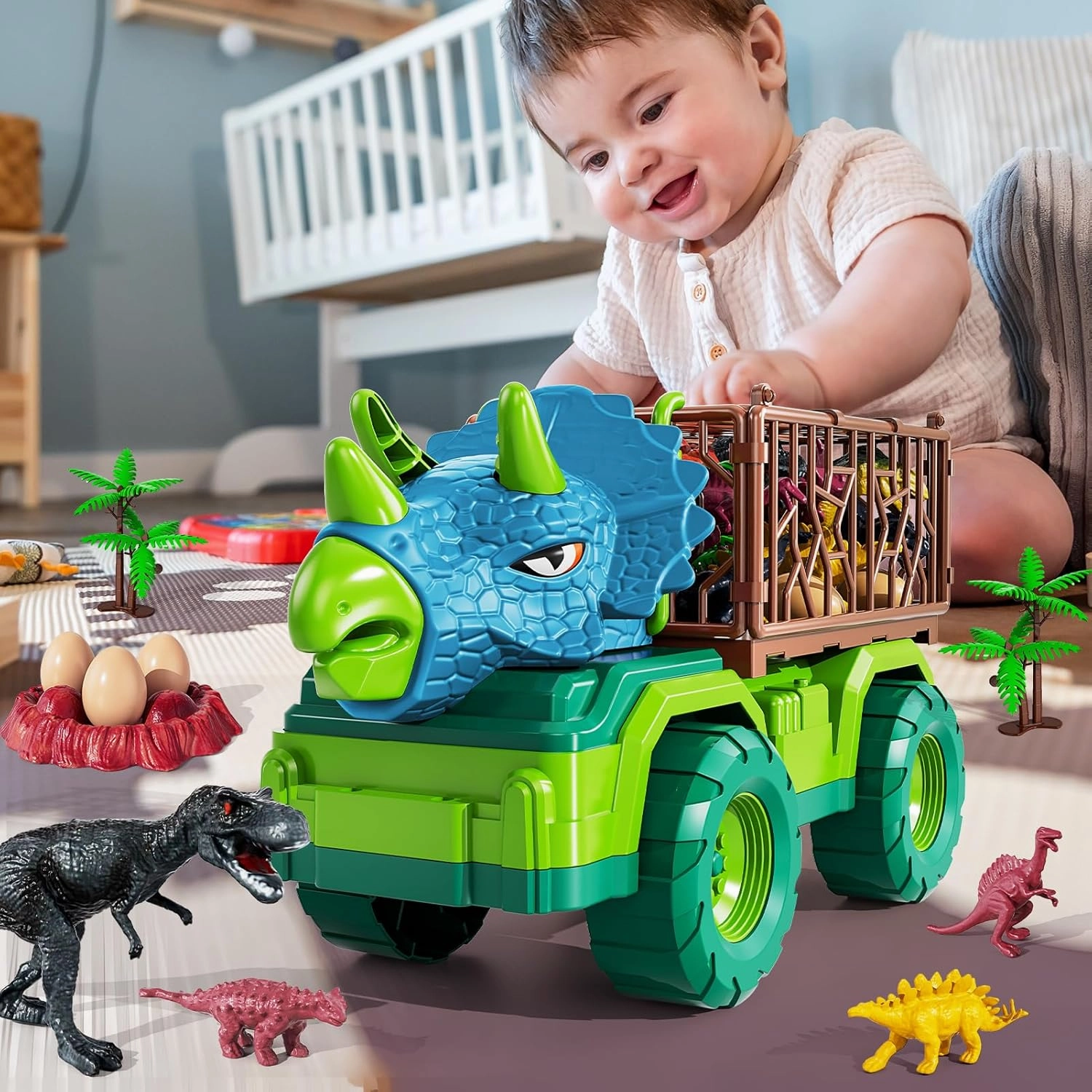 Dinosaur Truck Toy for Kids 3-5 Years - Triceratops Transport Car Carrier Truck Toy with 8 Dinosaur Figures Toys for 3-8 Years Old Boys and Girls