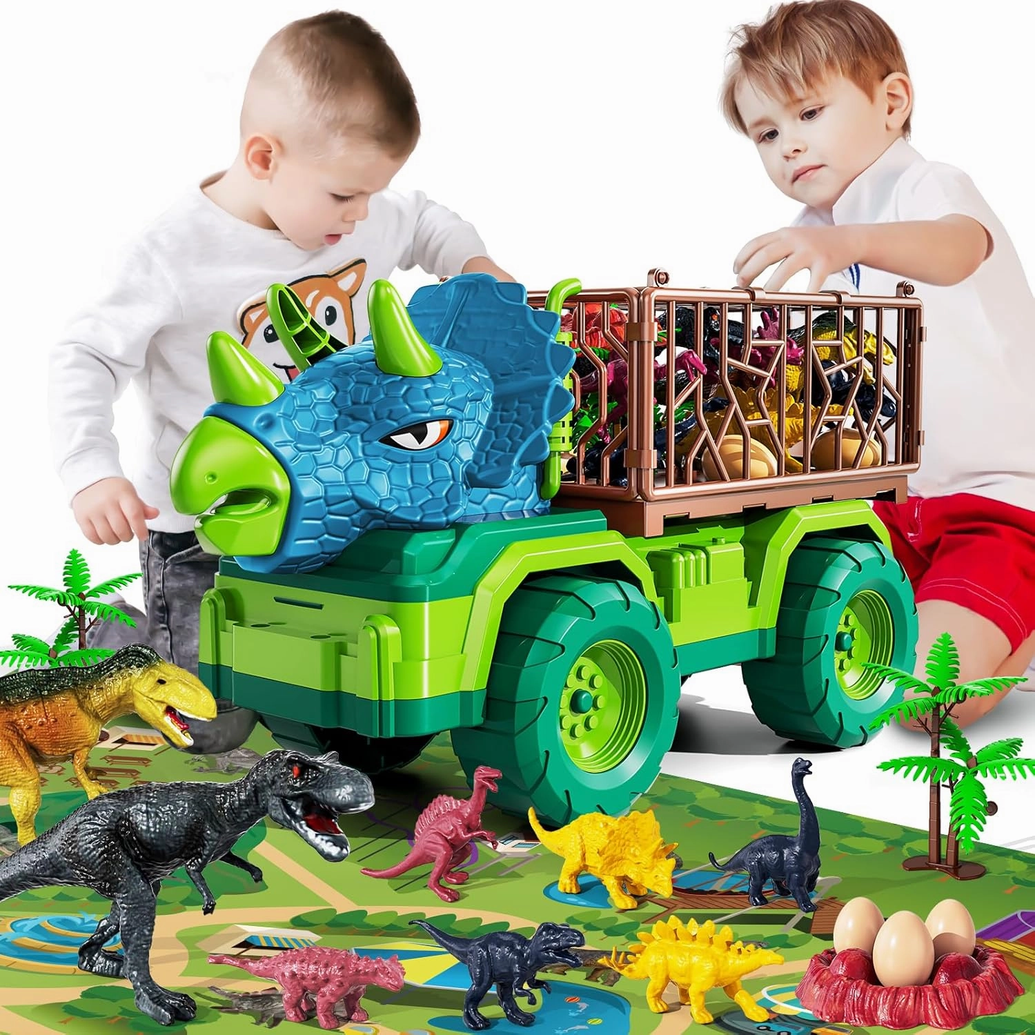 Dinosaur Truck Toy for Kids 3-5 Years - Triceratops Transport Car Carrier Truck Toy with 8 Dinosaur Figures Toys for 3-8 Years Old Boys and Girls