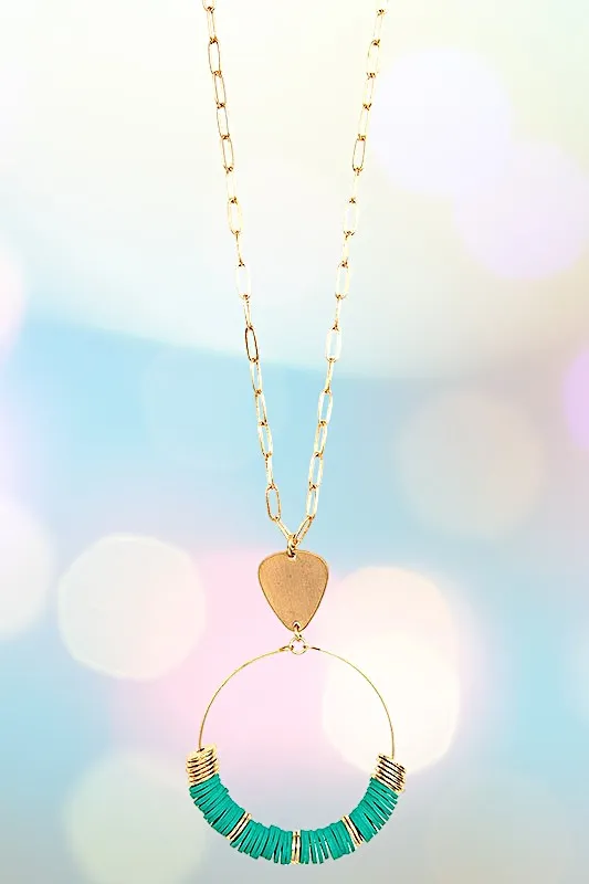 DISK BEAD ROUND PENDANT LONG NECKLACE SET