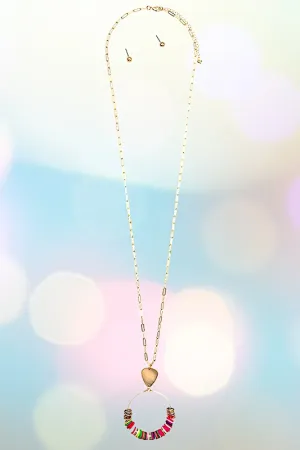 DISK BEAD ROUND PENDANT LONG NECKLACE SET