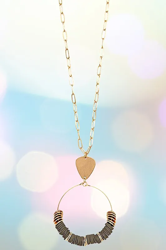 DISK BEAD ROUND PENDANT LONG NECKLACE SET
