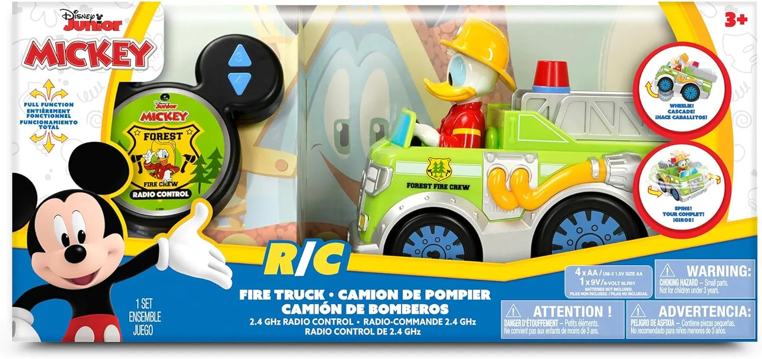 Disney Junior: 9" R/C Donald Duck Firetruck Forest Services – Green Light-Up Toy Rescue Vehicle, Spins-Wheelies, EZ Pushbutton Remote Control, Kids 3 