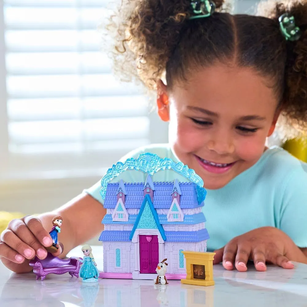 DISNEY STORE Official Frozen Castle Micro Play Set, Micro Toy Set Includes Elsa, Anna & Olaf Micro Figures, Travel Toy Portable Playset with Handle, Travel Toys with Surprise Reveals