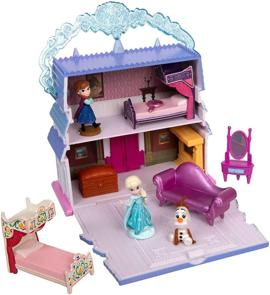 DISNEY STORE Official Frozen Castle Micro Play Set, Micro Toy Set Includes Elsa, Anna & Olaf Micro Figures, Travel Toy Portable Playset with Handle, Travel Toys with Surprise Reveals
