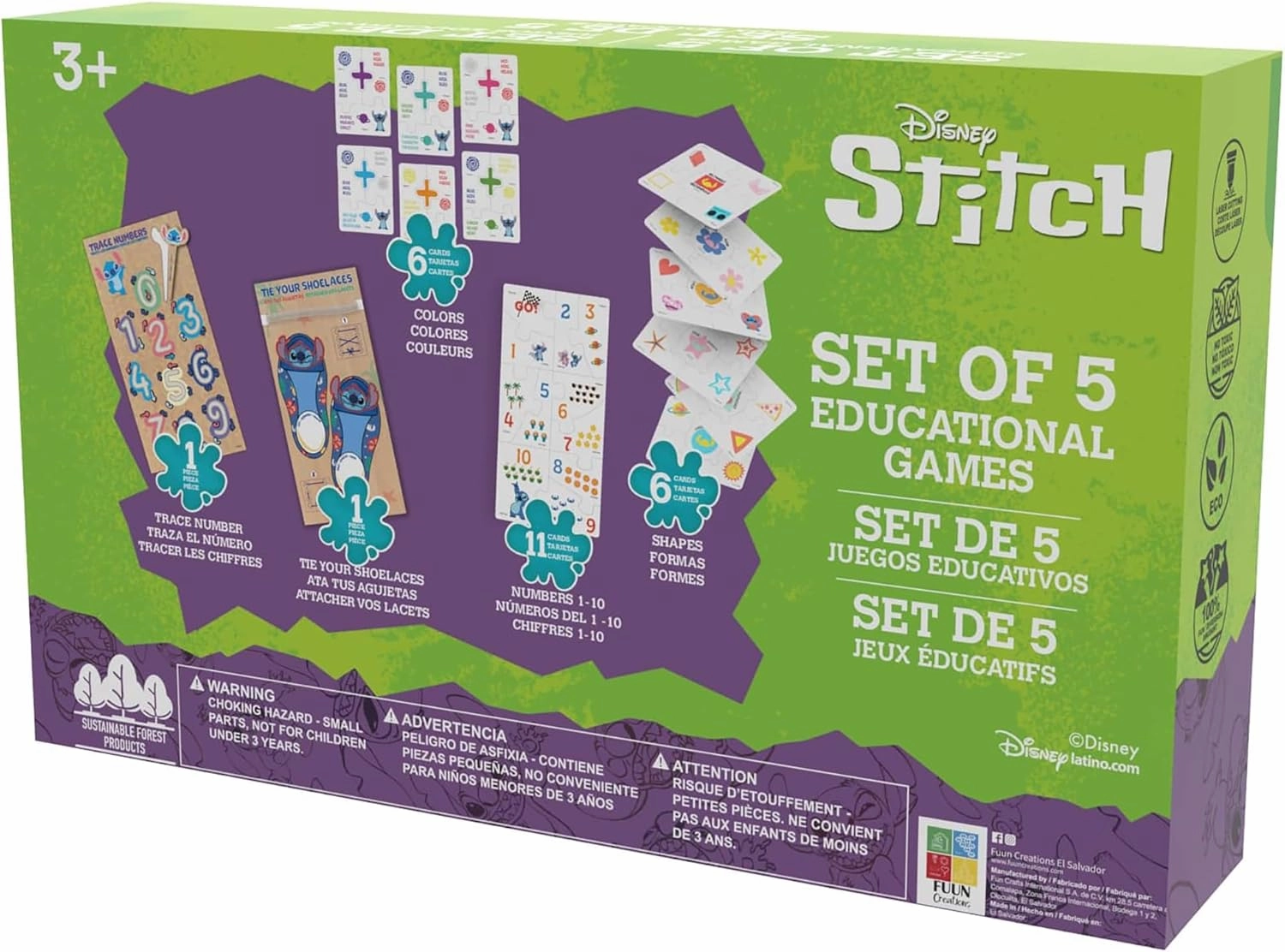 Disney: Stitch Educational Games - Set of 5 - Play Based Learning, Wooden Puzzles, Bilingual Flash Cards, Numbers-Colors-Shapes-More, Toy Kit, Kids 3 