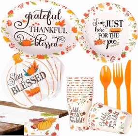 Disposable Thanksgiving Plate And Napkin Set Dinner Ware Plate Set With Table Runner Give Thanks Party Supply Autumn Theme Dinnerware for 12 Guests