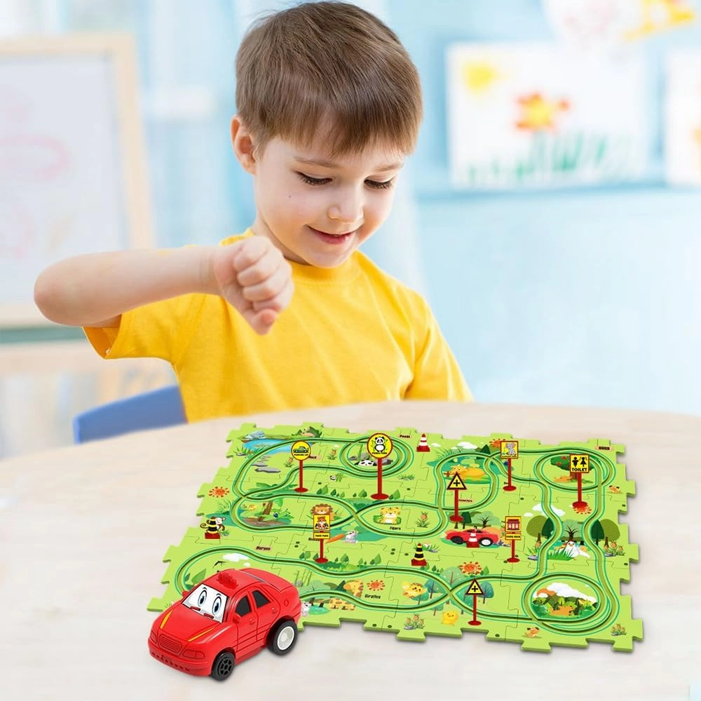 DIY Assembling Electric Trolley, Children's Educational Puzzle Track Car Play Set, Battery-Operated Toy Vehicle & Puzzle Board, Funny RailCar Building Toys for Kids Ages 3  (Ocean, 25 PCS)
