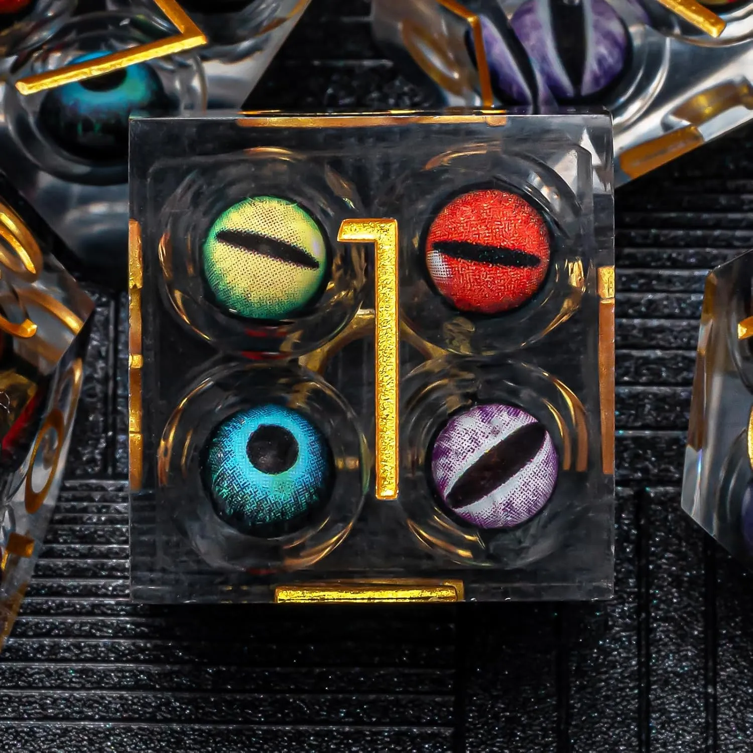 DND Resin Dice Mix Colored Eyeball Dice Set 22-32mm Large Sharp Edged Dice Set with Box, Dungeons and Dragons Polyhedral Role Playing Game D&D Dice Set D20 D12 D10 D8 D6 D4 (Colorful Eyes Gold Ink)