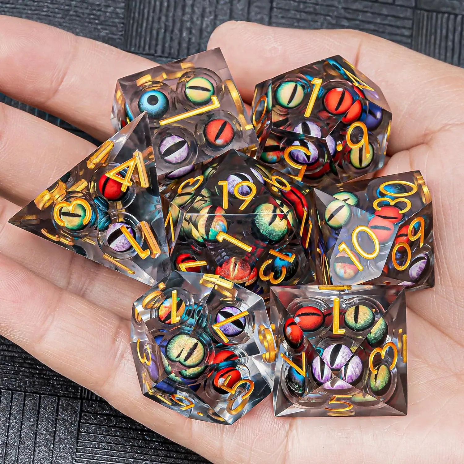 DND Resin Dice Mix Colored Eyeball Dice Set 22-32mm Large Sharp Edged Dice Set with Box, Dungeons and Dragons Polyhedral Role Playing Game D&D Dice Set D20 D12 D10 D8 D6 D4 (Colorful Eyes Gold Ink)