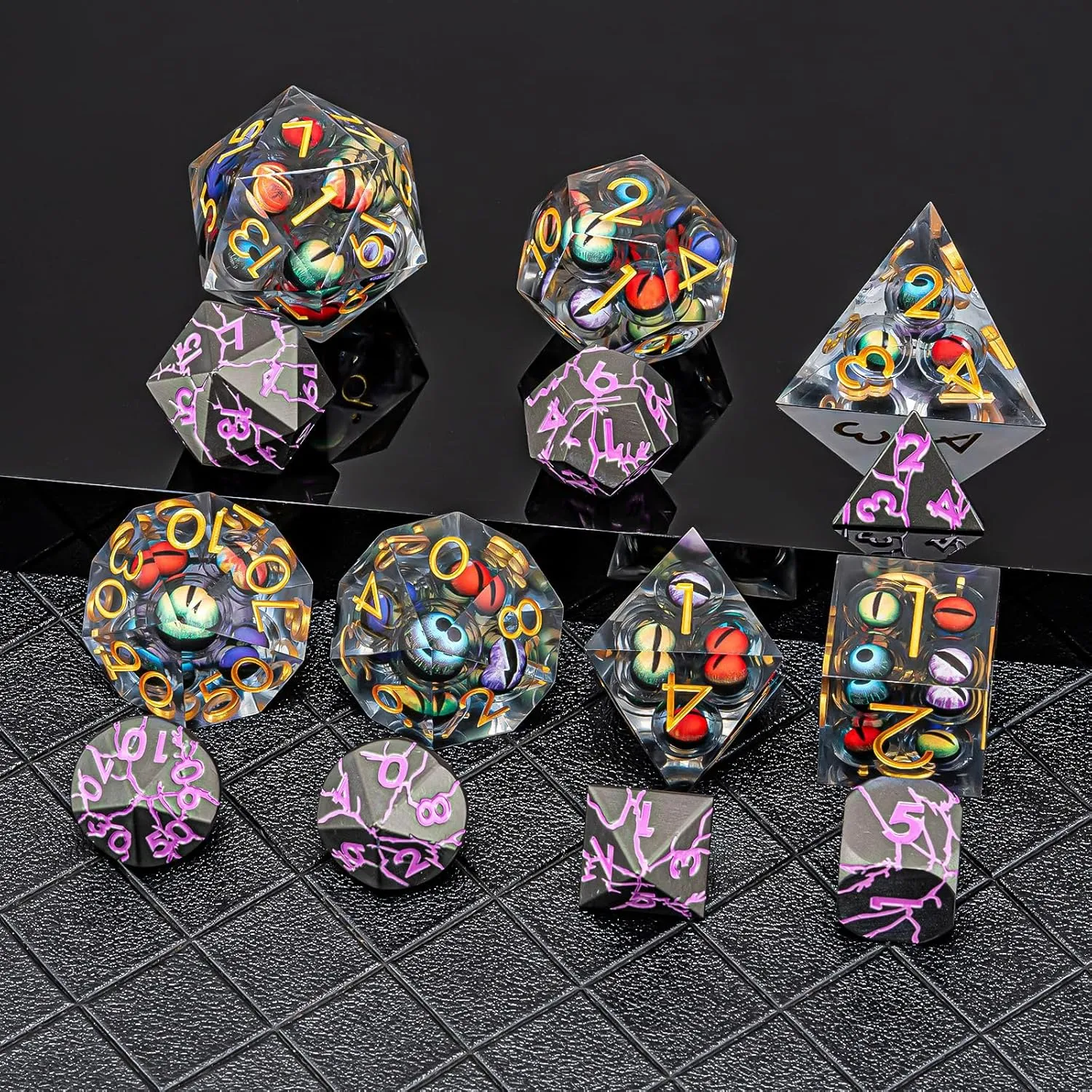 DND Resin Dice Mix Colored Eyeball Dice Set 22-32mm Large Sharp Edged Dice Set with Box, Dungeons and Dragons Polyhedral Role Playing Game D&D Dice Set D20 D12 D10 D8 D6 D4 (Colorful Eyes Gold Ink)
