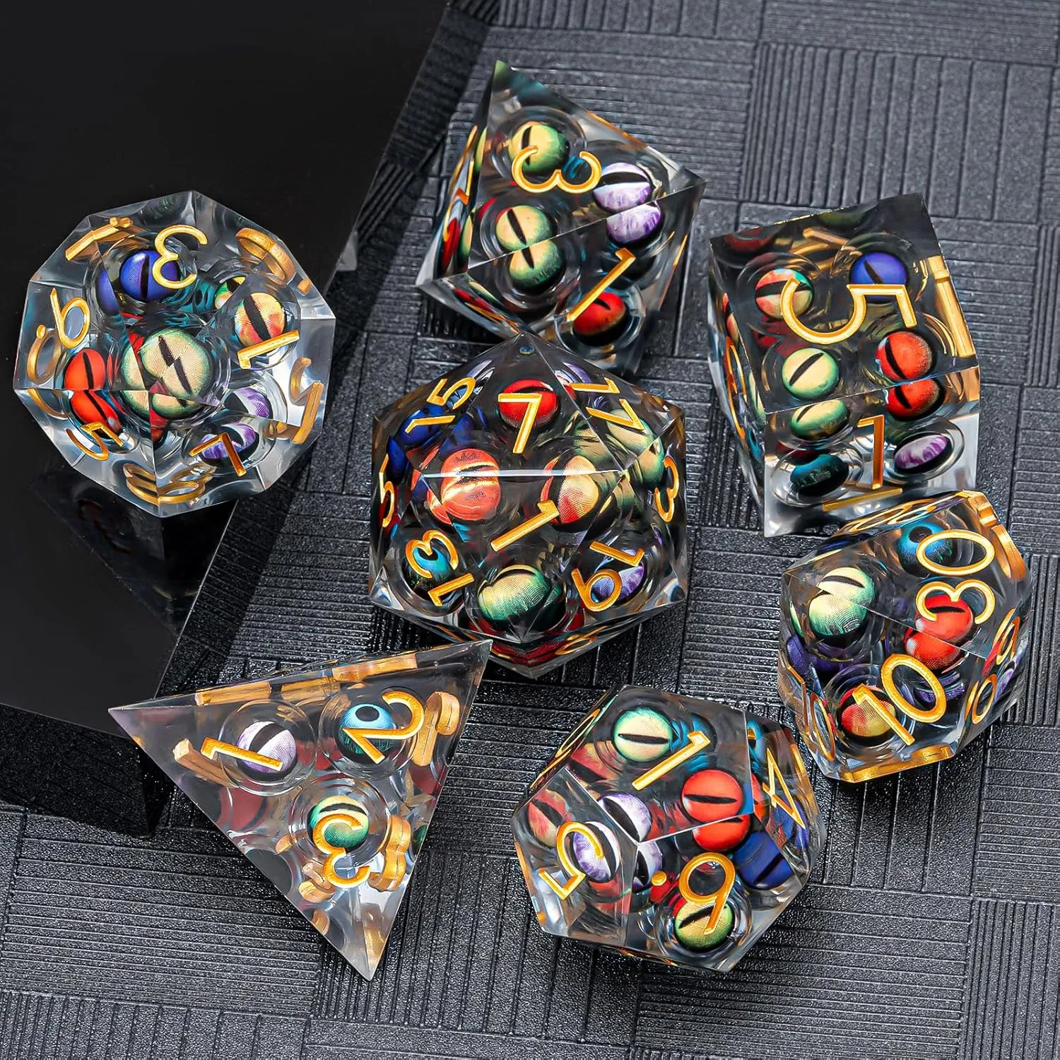DND Resin Dice Mix Colored Eyeball Dice Set 22-32mm Large Sharp Edged Dice Set with Box, Dungeons and Dragons Polyhedral Role Playing Game D&D Dice Set D20 D12 D10 D8 D6 D4 (Colorful Eyes Gold Ink)