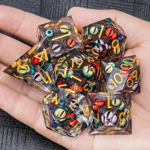 DND Resin Dice Mix Colored Eyeball Dice Set 22-32mm Large Sharp Edged Dice Set with Box, Dungeons and Dragons Polyhedral Role Playing Game D&D Dice Set D20 D12 D10 D8 D6 D4 (Colorful Eyes Gold Ink)