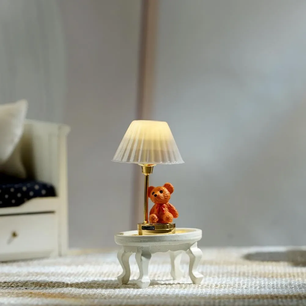 Dollhouse Lamp,1/12 Scale Miniature Furniture Dollhouse Bear Nursery Table Lamp White Shade LED Battery Lighting,Creative Lighting Toy Desk Lamp Decoration Crafts LED Light (White)