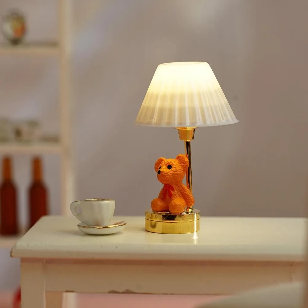 Dollhouse Lamp,1/12 Scale Miniature Furniture Dollhouse Bear Nursery Table Lamp White Shade LED Battery Lighting,Creative Lighting Toy Desk Lamp Decoration Crafts LED Light (White)