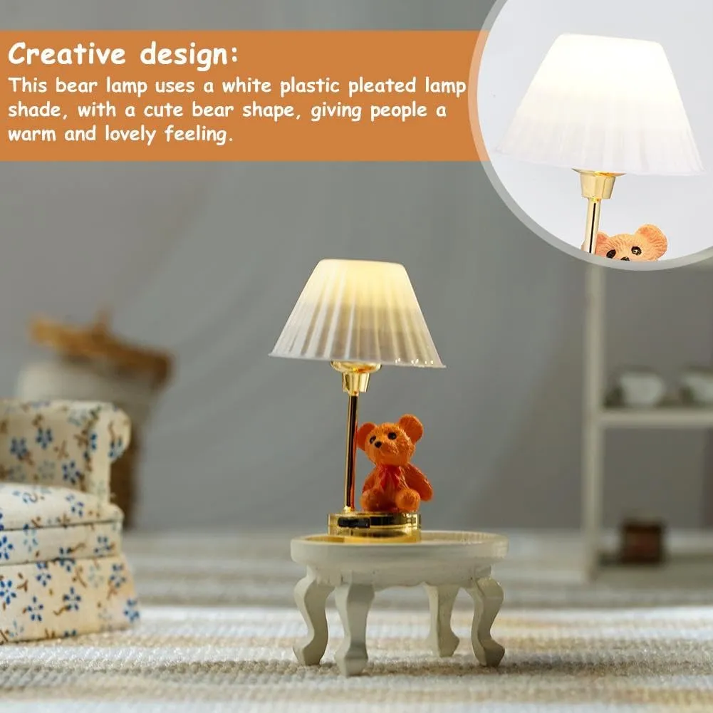 Dollhouse Lamp,1/12 Scale Miniature Furniture Dollhouse Bear Nursery Table Lamp White Shade LED Battery Lighting,Creative Lighting Toy Desk Lamp Decoration Crafts LED Light (White)