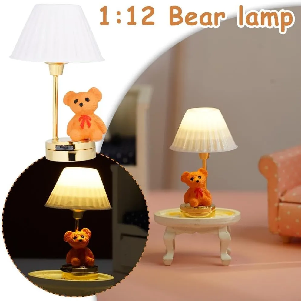 Dollhouse Lamp,1/12 Scale Miniature Furniture Dollhouse Bear Nursery Table Lamp White Shade LED Battery Lighting,Creative Lighting Toy Desk Lamp Decoration Crafts LED Light (White)