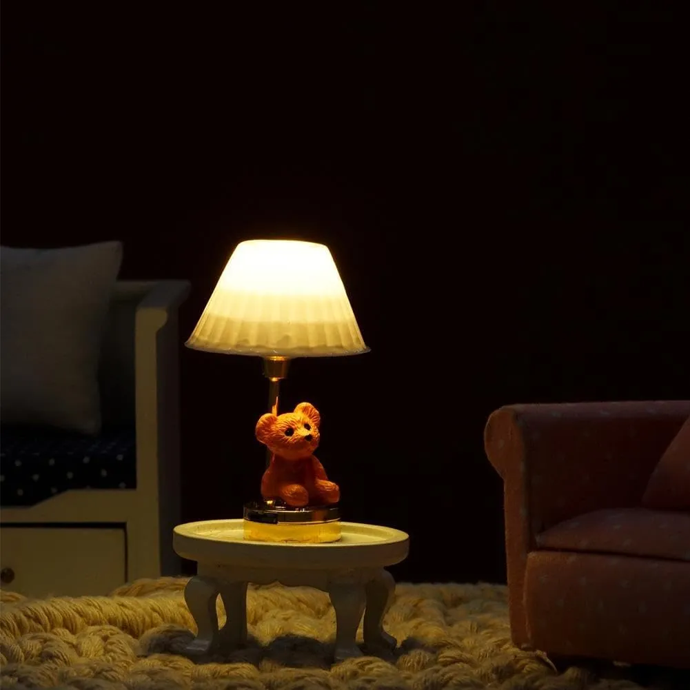 Dollhouse Lamp,1/12 Scale Miniature Furniture Dollhouse Bear Nursery Table Lamp White Shade LED Battery Lighting,Creative Lighting Toy Desk Lamp Decoration Crafts LED Light (White)