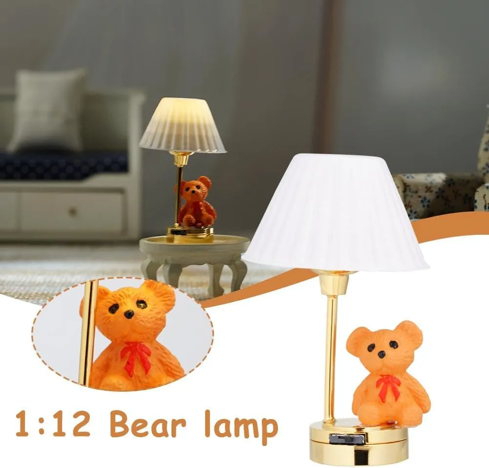 Dollhouse Lamp,1/12 Scale Miniature Furniture Dollhouse Bear Nursery Table Lamp White Shade LED Battery Lighting,Creative Lighting Toy Desk Lamp Decoration Crafts LED Light (White)