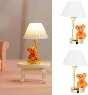 Dollhouse Lamp,1/12 Scale Miniature Furniture Dollhouse Bear Nursery Table Lamp White Shade LED Battery Lighting,Creative Lighting Toy Desk Lamp Decoration Crafts LED Light (White)