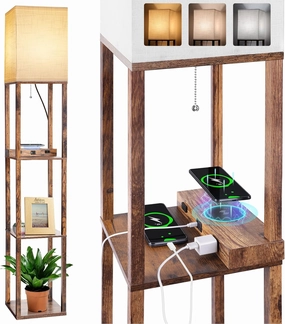 Dott Arts Floor Lamp with Shelves, Shelf Lamp with Wireless Charger & USB A C Ports & 2 AC Outlets,3 Color Temperature Corner Tall Standing Floor Lamps for Living Room, Bedroom, Office (Brown)