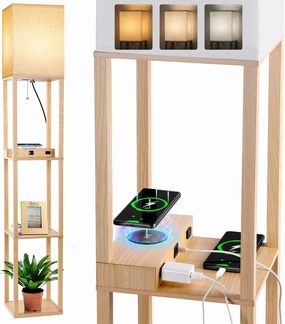 Dott Arts Floor Lamp with Shelves, Shelf Lamp with Wireless Charger & USB A C Ports & 2 AC Outlets,3 Color Temperature Corner Tall Standing Floor Lamps for Living Room, Bedroom, Office (Burlywood)