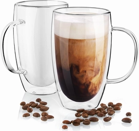 Double Wall Glass Coffee Mugs Set of 2, 16 oz Insulated Coffee Mug with Handle, Clear Borosilicate Glass Coffee Cups for Cappuccino, Tea, Lightweight and Microwave Safe