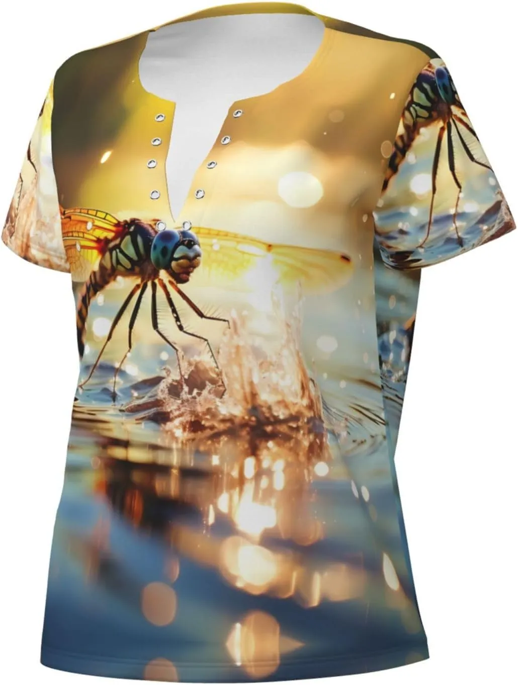 Dragonfly Pattern Sexy V-Neck Printed Short T-Shirt, Travel Portable Fitness Clothes, Home and Outdoor wear