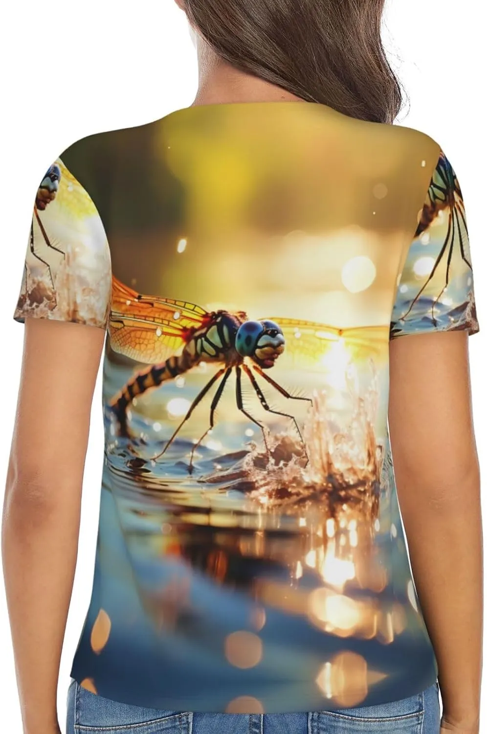 Dragonfly Pattern Sexy V-Neck Printed Short T-Shirt, Travel Portable Fitness Clothes, Home and Outdoor wear