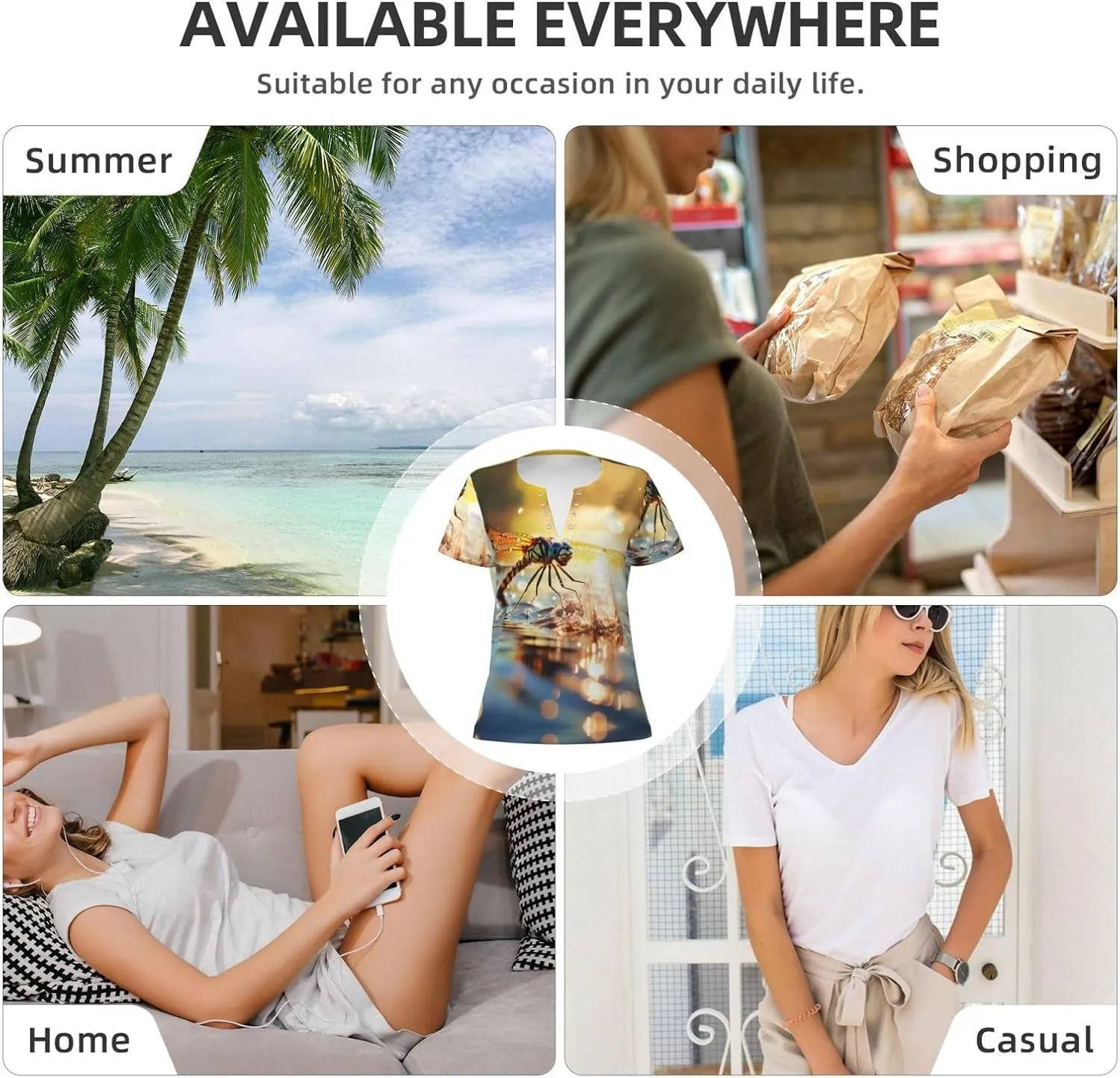 Dragonfly Pattern Sexy V-Neck Printed Short T-Shirt, Travel Portable Fitness Clothes, Home and Outdoor wear