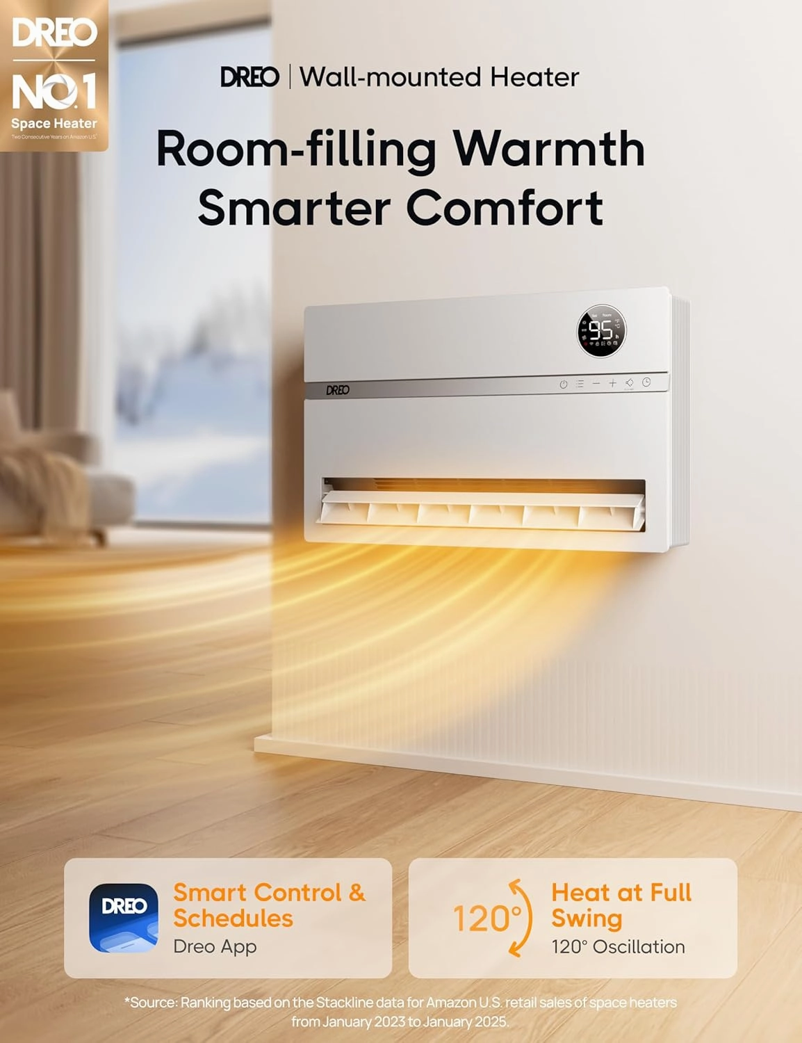 Dreo Smart Wall Heater, Electric Space Heater for Bedroom 1500W, 120° Vertical Oscillation, Adjustable Thermostat, Remote Control, 24H Timer, Easy-Mount Heater for Indoor Use, Works with Alexa, WH719S