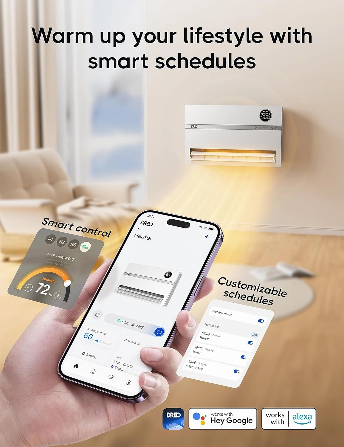 Dreo Smart Wall Heater, Electric Space Heater for Bedroom 1500W, 120° Vertical Oscillation, Adjustable Thermostat, Remote Control, 24H Timer, Easy-Mount Heater for Indoor Use, Works with Alexa, WH719S