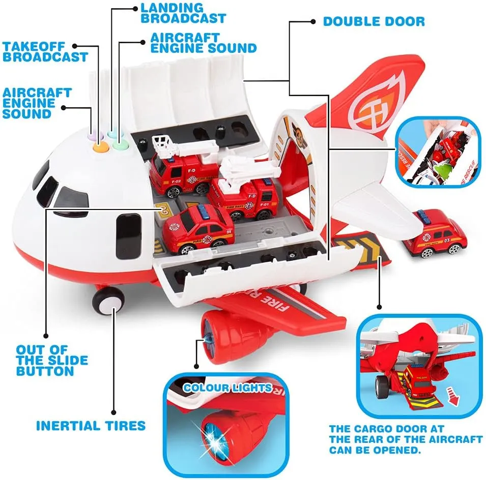 Dwi Dowellin Airplane Toys with Fire Truck Cars Toy Set and Play Mat,Plane with Light Up and Sounds,Birthday Gift for 3 4 5 6 Years Old Kids Boys Girls(Medium)