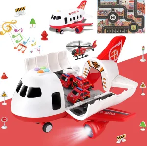 Dwi Dowellin Airplane Toys with Fire Truck Cars Toy Set and Play Mat,Plane with Light Up and Sounds,Birthday Gift for 3 4 5 6 Years Old Kids Boys Girls(Medium)
