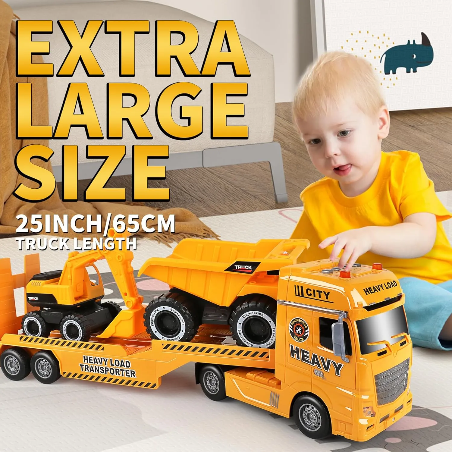 Dwi Dowellin Construction Carrier Semi Truck Toy with Excavator and Dump Truck, Gifts for Age 3-6 Boys & Girls