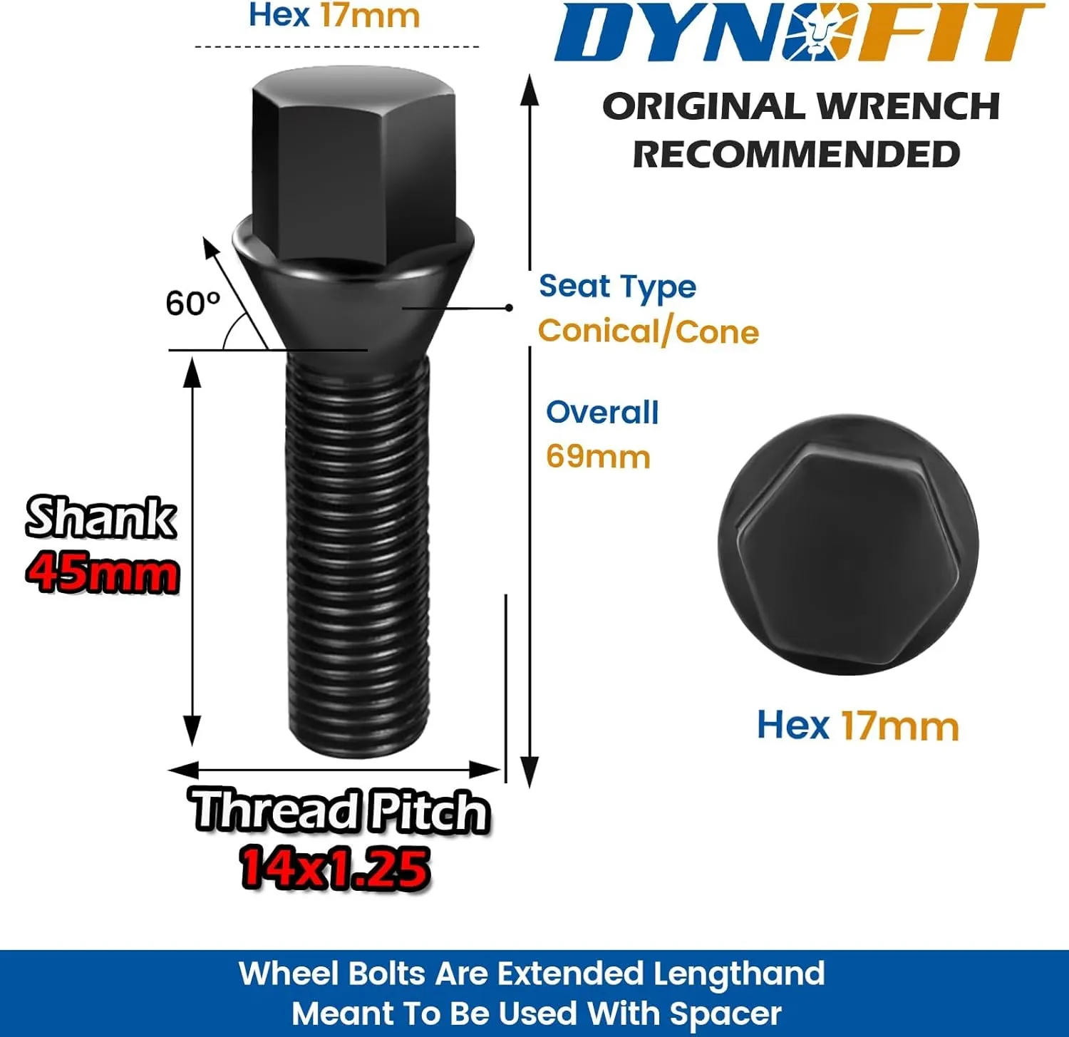 Dynofit 14x1.25 ET Wheel Lug Bolts for F22 F30 F10 M2 M3 M4 I3 I8 F80, 45mm Shiny Bolts Compatible with B-MW X1 X2 X3 X4 X5 X6,20pcs 14mmx1.25 Aftermarket Long Wheel Bolt Set for 2 Series to 7 Series