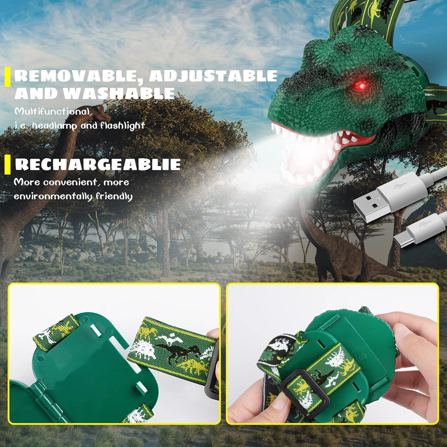 Dysaim Kids Headlamp,Rechargeable T-Rex Dinosaur Headlamp for Kids and LED Head Lamp Camping Gear Flashlight,Hiking Accessories Headlight Toys,Four Light Modes Suitable for Reading/Party Gift
