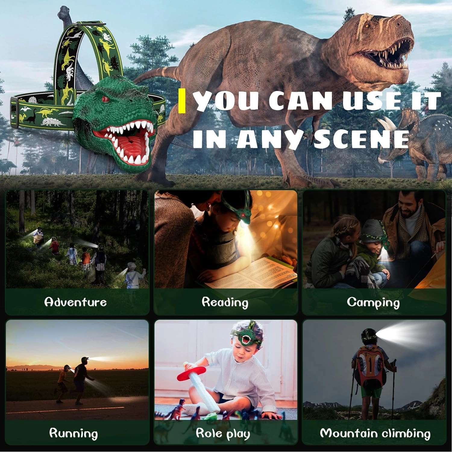 Dysaim Kids Headlamp,Rechargeable T-Rex Dinosaur Headlamp for Kids and LED Head Lamp Camping Gear Flashlight,Hiking Accessories Headlight Toys,Four Light Modes Suitable for Reading/Party Gift