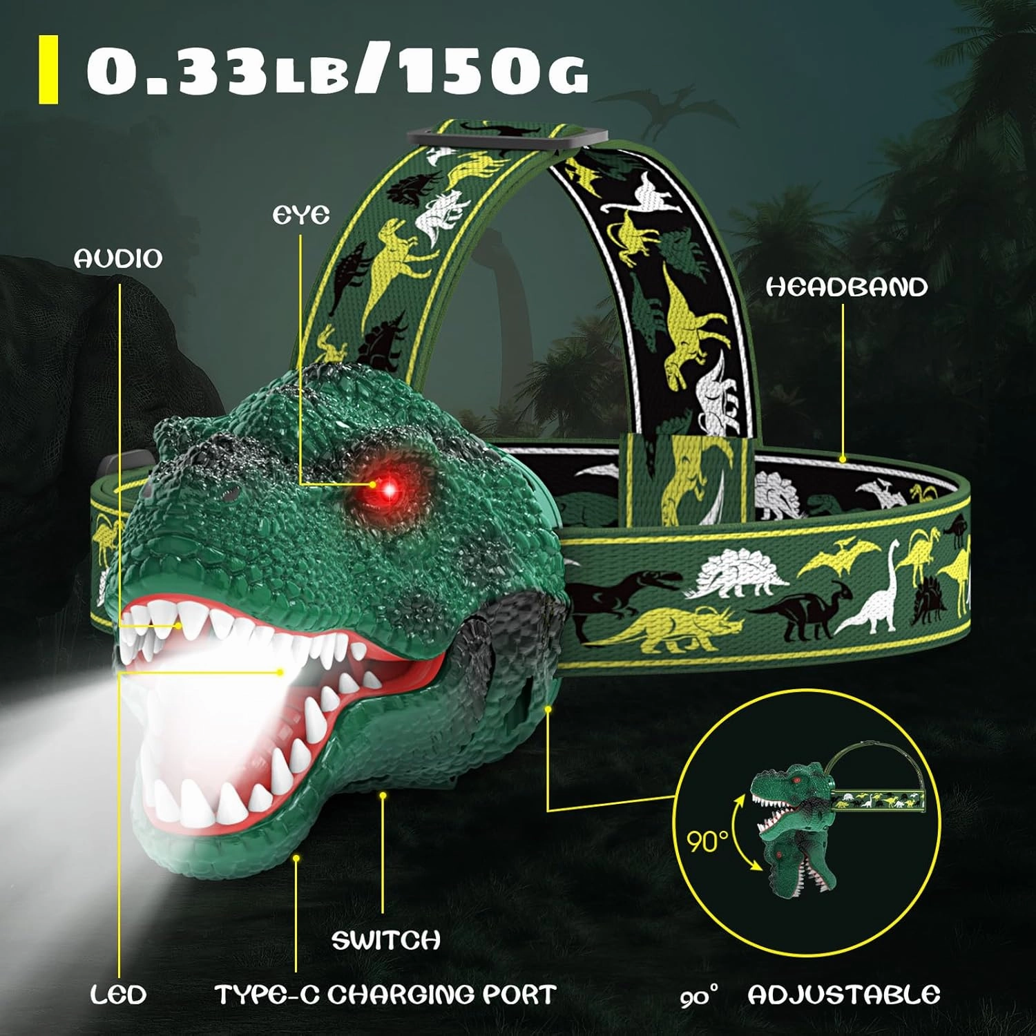 Dysaim Kids Headlamp,Rechargeable T-Rex Dinosaur Headlamp for Kids and LED Head Lamp Camping Gear Flashlight,Hiking Accessories Headlight Toys,Four Light Modes Suitable for Reading/Party Gift