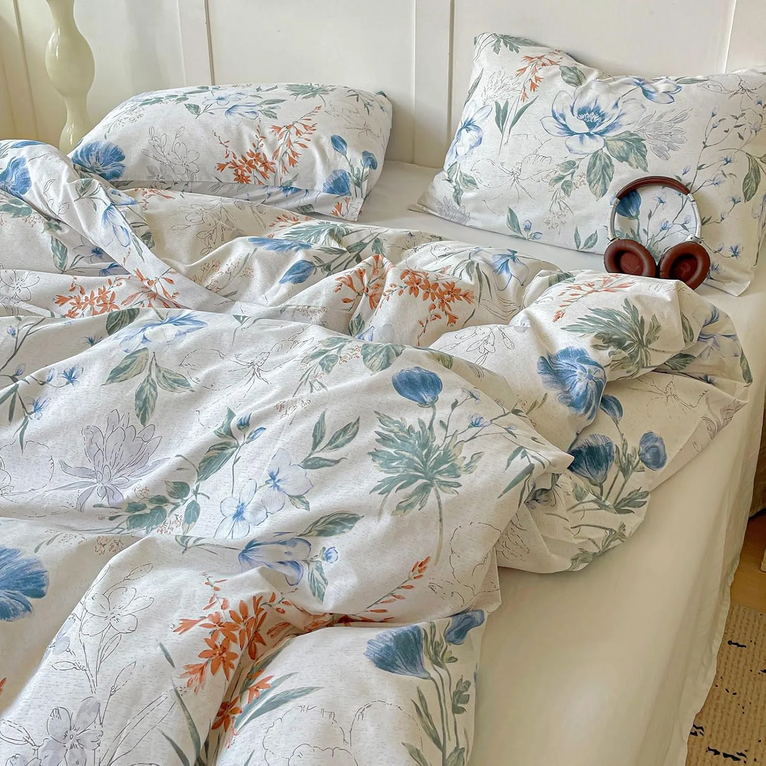 EAVD Queen Cotton Duvet Cover Chich Shabby Garden Floral Duvet Cover Set Fresh Spring Colorful Florlal Bedding Set with 2 Pillowcases Fresh Reversible Botanical Comforter Cover with Zipper