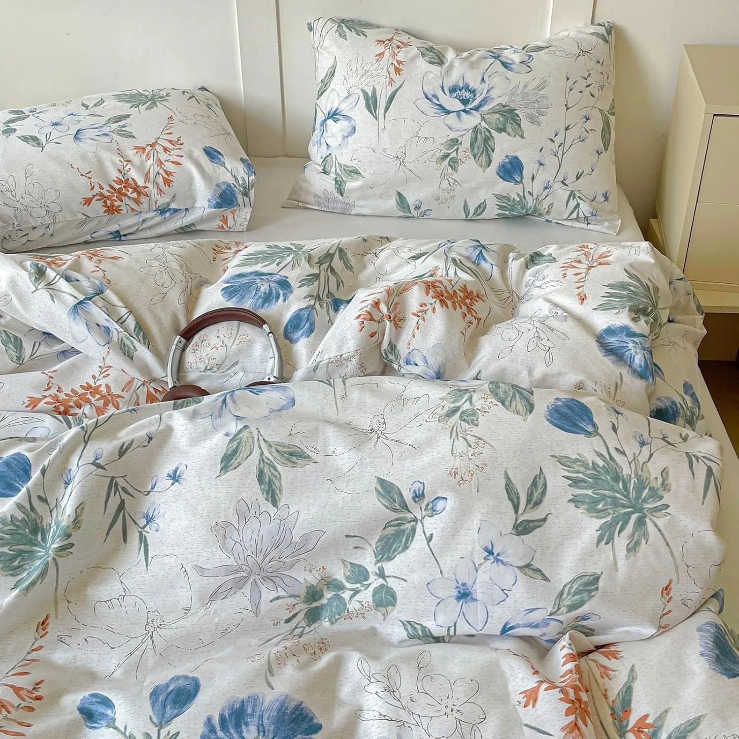 EAVD Queen Cotton Duvet Cover Chich Shabby Garden Floral Duvet Cover Set Fresh Spring Colorful Florlal Bedding Set with 2 Pillowcases Fresh Reversible Botanical Comforter Cover with Zipper