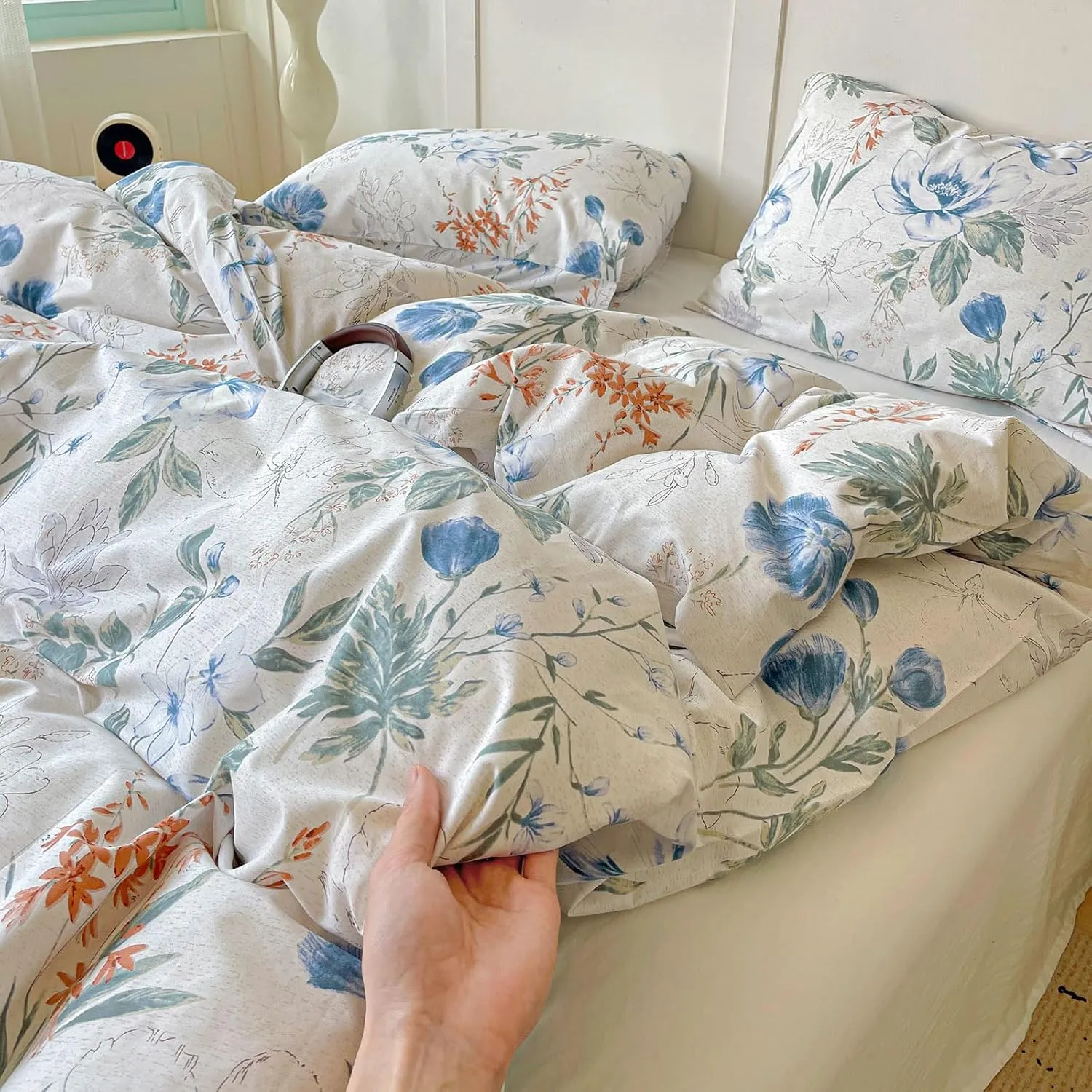 EAVD Queen Cotton Duvet Cover Chich Shabby Garden Floral Duvet Cover Set Fresh Spring Colorful Florlal Bedding Set with 2 Pillowcases Fresh Reversible Botanical Comforter Cover with Zipper
