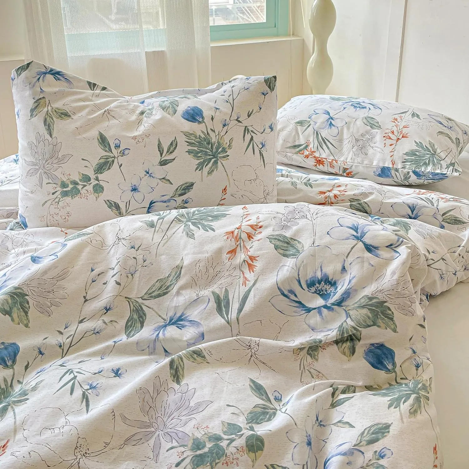 EAVD Queen Cotton Duvet Cover Chich Shabby Garden Floral Duvet Cover Set Fresh Spring Colorful Florlal Bedding Set with 2 Pillowcases Fresh Reversible Botanical Comforter Cover with Zipper