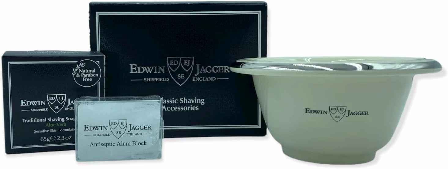 Edwin Jagger Boxed Shaving Set for Men - Shaving Bowl | Shave Soap | Alum Block (Ivory Bowl, Aloe Vera Shave Soap, Alum Block)